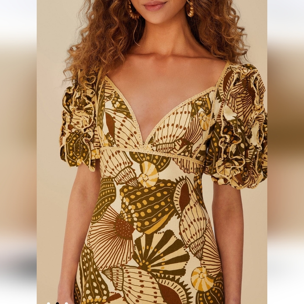 FARM Rio Multicolor Puff Sleeve Dress Sand Shell - Picture 3 of 3